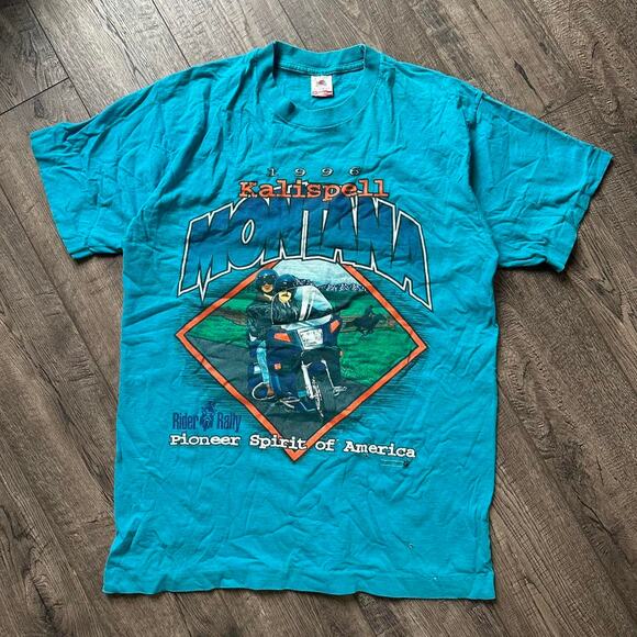Vintage 90s Kalispell Montana Motorcycle Graphic Tee Shirt - Picture 1 of 8